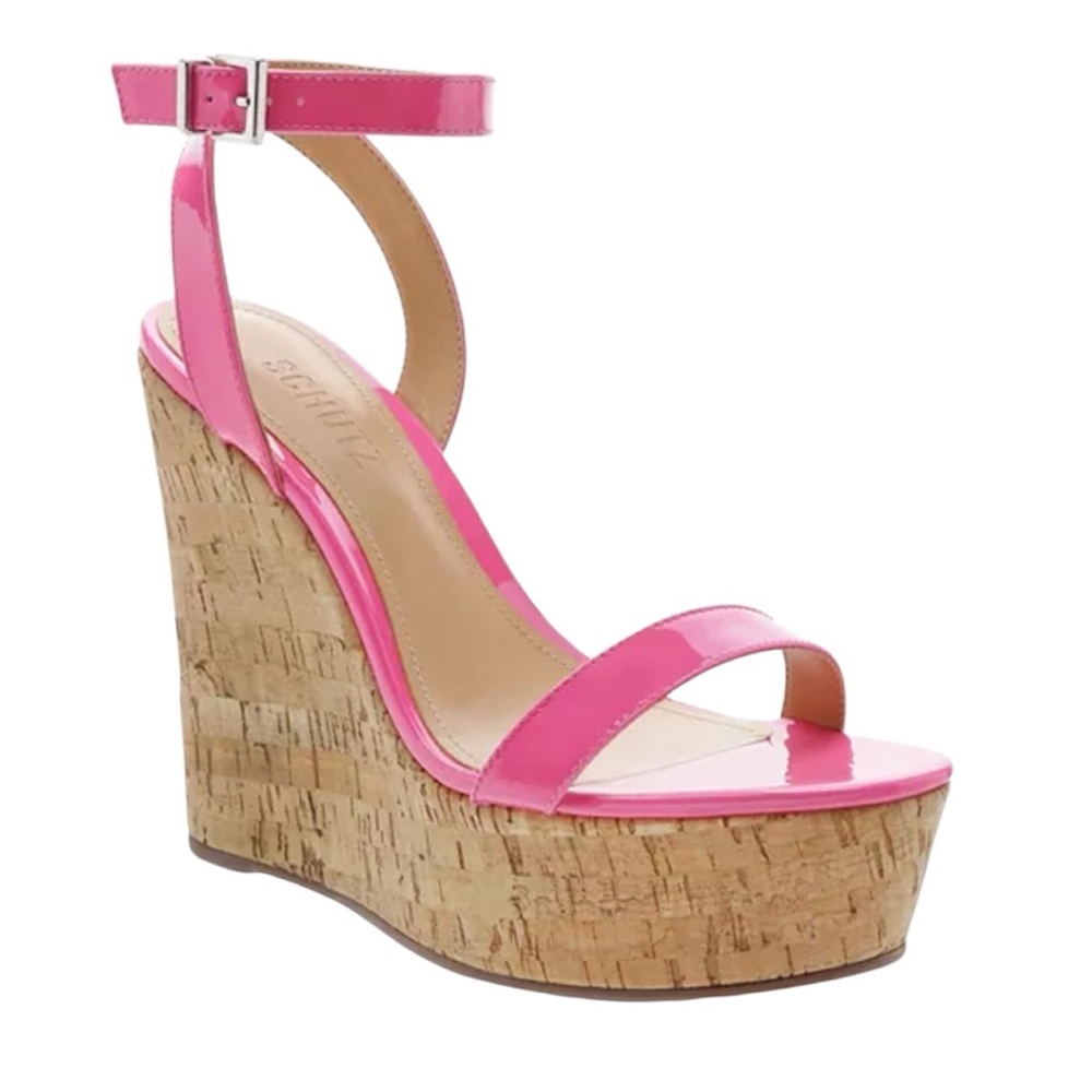 Schutz Pink Eduarda Patent Leather Wedge Sandals Barbiecore Summer Vacation